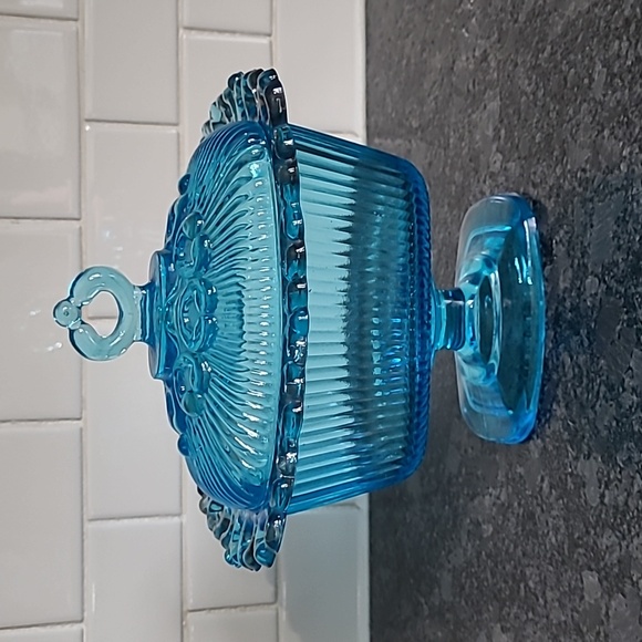 Vintage Other - Indiana Blue Glass Covered Pedestal Dish